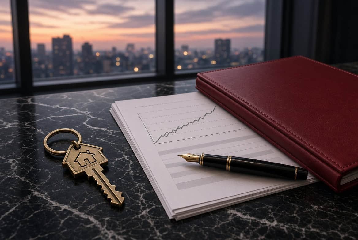 Property documents, a pen, and a house key on a desk